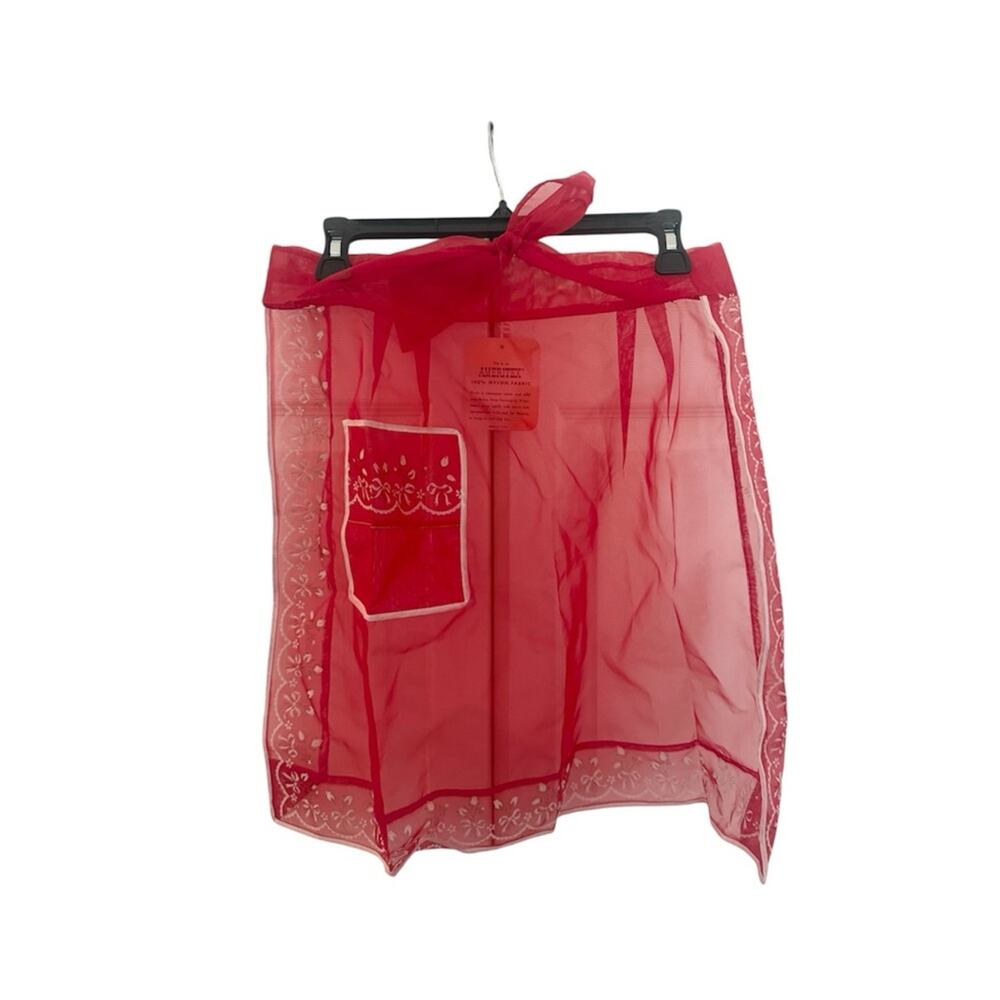 Vintage NWT Ameritex Nylon Sheer Waist Apron Red White Bow Print Tie Waist